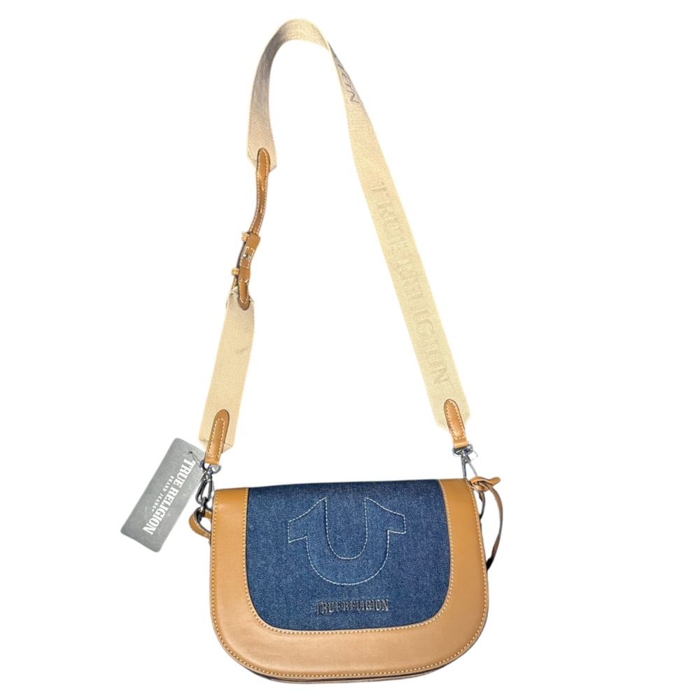 NWT TRUE RELIGION Saddle Flap Denim Crossbody Bag. Small blemish.
